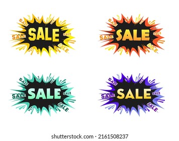 4 multi-colored explosions informing about discounts and sales