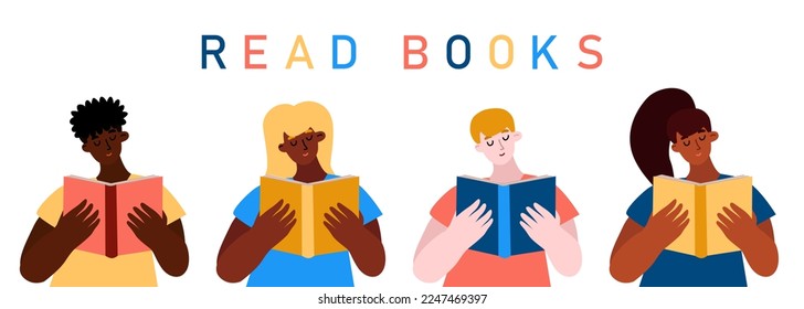 4 multicultural characters are reading books. African, Indian, Hispanic, White spend their time together in this hobby. Vector poster in flat cartoon style