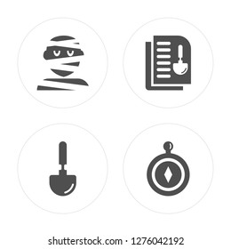 4 Mummy, Shovel, Document, Compass modern icons on round shapes, vector illustration, eps10, trendy icon set.