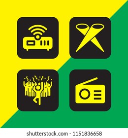4 music icons in vector set. man in a party dancing with people, radio, router and stage illustration for web and graphic design