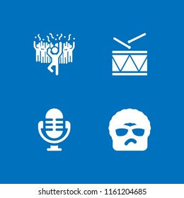 4 music icons in vector set. rockstar, man in a party dancing with people, military drum musical instrument and radio illustration for web and graphic design