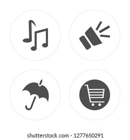 4 Musical Note, Umbrella, Speaker, Shopping Cart modern icons on round shapes, vector illustration, eps10, trendy icon set.