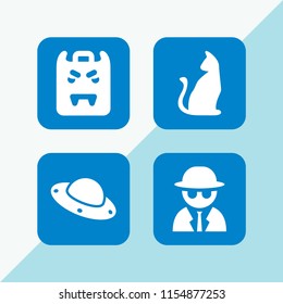 4 mystery icons in vector set. vampire, halloween black cat, spy and ufo illustration for web and graphic design
