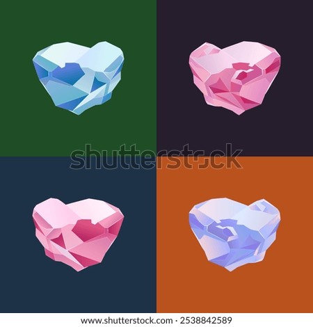 4 Natural Rough Diamonds. Vector illustration of uncut blue and pink diamonds with unique hue. Surface of the gemstone is uneven, with rough edges remaining from mining.