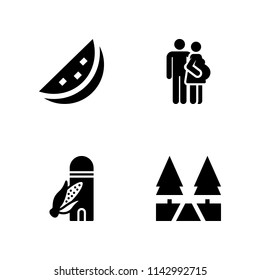 4 nature icon set with barn, family and watermelon vector illustration for graphic design and web