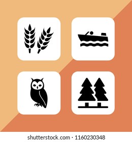4 nature icons in vector set. tree, person travelling in a boat transport floating on the sea, bird and wheat illustration for web and graphic design