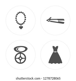 4 Necklace, Eyes shades makeup, Hair iron, Long black gown modern icons on round shapes, vector illustration, eps10, trendy icon set.