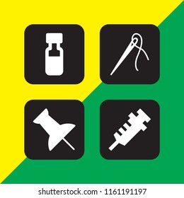 4 needle icons in vector set. vial, push pin, needle with thread to sew clothes and vaccination illustration for web and graphic design