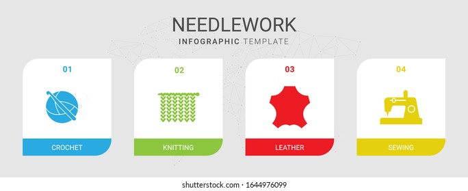 4 needlework filled icons set isolated on infographic template. Icons set with crochet, Knitting, leather, Sewing icons.