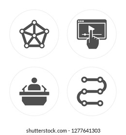 4 Network, Conference, Video player, Timeline modern icons on round shapes, vector illustration, eps10, trendy icon set.