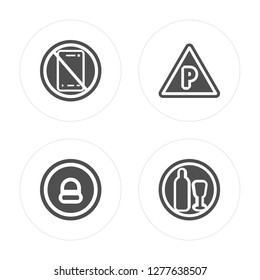 4 No phone, Warning, parking, drinks modern icons on round shapes, vector illustration, eps10, trendy icon set.