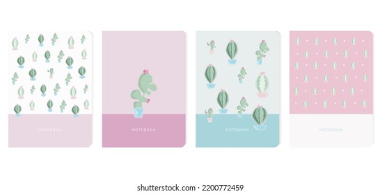 4 notebook diary cover with cactuses seamless pattern design scrapbook in pastel colors. Collection bundle set.