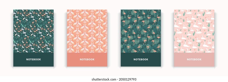 4 Notebook diary cover flamingos monstera leafs swans cranes in green pink colour. scrapbook, notes, calendar, cover design.