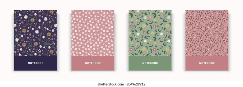 4 Notebook diary cover flowers seamless pattern design scrapbook in purple pink green colors. collection bundle set