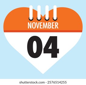 4 November calendar icon orange heart shape on light sky blue color background, calendar vector symbol for the month of November.