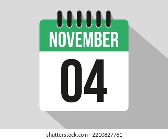 4 November calendar vector icon. Green November date for the days of the month and week