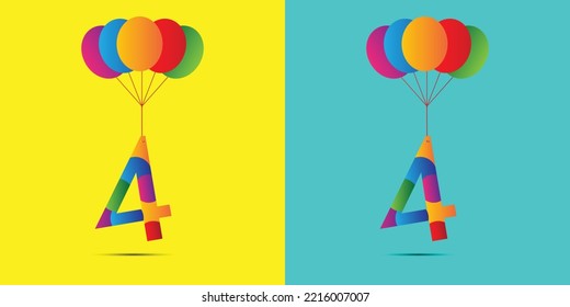 4 number birthday letter logo design with balloons for wish a birthday girl or boy
