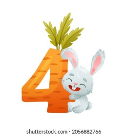 4 number and cute bunny baby animal. Educational numbers for children, home or kindergarten decor cartoon vector illustration