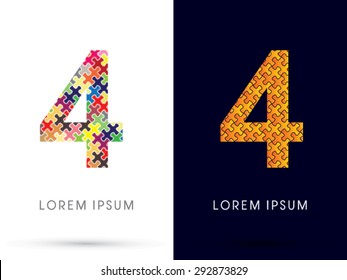 4 Number, Font, designed using Jigsaw puzzle pattern, graphic vector.