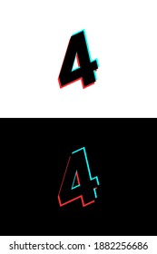 4 number font made of glitch, stereo effect. Dynamic, split red and blue color. For dj logo, electromusic posters, bright logo and more. Vector illustration