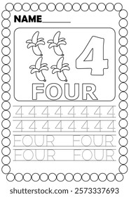 4, Number Four.Banana.Number tracing worksheet for kindergarten.Preschool math practice.Coloring page.Kids learning.Activity for children.Book page with outline.Cartoon vector illustration.