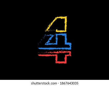 4 number hand write vector desing, brush font logo. Blue, red, yellow color on black background. For social media,design elements, creative poster, web template and more
