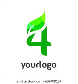 4 number logo. Vector green alphabet set of eco letters logo with leaves