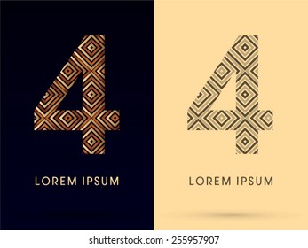 4 ,Number ,Luxury font, designed using gold and brown bronze line square geometric shape with black and white tone, logo, symbol, icon, graphic, vector.