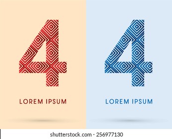 4 ,Number ,Luxury font, designed using red and blue line square geometric shape, hot and cool tone, logo, symbol, icon, graphic, vector.