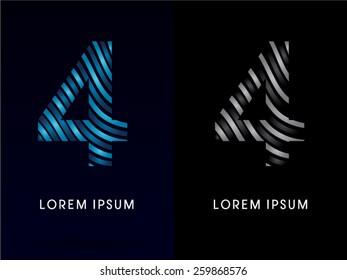4 ,Number ,modern wave  font ,designed using blue and black line on dark background, concept move, wave, water, freestyle, zebra line, fantasy ,logo, symbol, icon, graphic, vector.