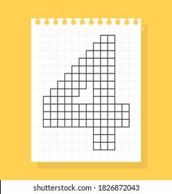 4 number on notepad sheet of squared paper, made of squares. Vector illustration