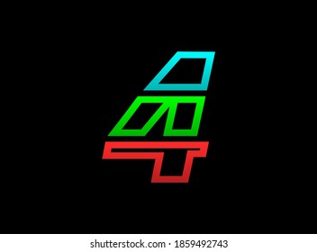 logotipo rgb de 4 números, fuente de diseño vectorial .Color rojo dividido dinámico, verde, azul sobre fondo negro. Para medios sociales, elementos de diseño, afiche creativo, plantilla web, etc.   