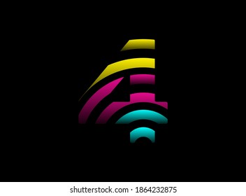 4 number vector desing, Cmyk color font logo. Dynamic split pink, blue, yellow color on black background. For social media,design elements, creative poster, web template    


