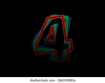 4 number vector desing, Rgb color font logo. Dynamic split red, green, blue color, outline stroke layer style on black background. For social media,design elements, creative poster, web template    