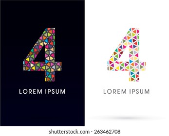4 ,Number,Colorful font, concept mosaic pattern, designed using colors triangle geometric shape. on dark and white background, sign ,logo, symbol, icon, graphic, vector.