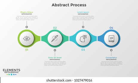 4 numbered round elements with thin line icons inside successively connected into horizontal chain. Minimal infographic design template. Vector illustration for presentation, banner, website, report.