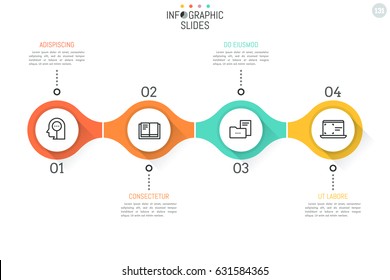4 numbered round elements with thin line icons inside successively connected into horizontal chain. Minimal infographic design template. Vector illustration for presentation, banner, website, report.