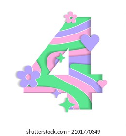4 Numeric Number Abstract Paper Lively Flower Heart Sparkle Shine Green Pink Violet Lilac Purple Mountain Geography Contour Map 3D Layer Line Cutout Card Web Banner