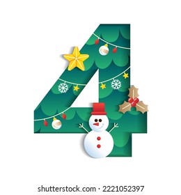 4 Numeric Number Alphabet Cute Merry Christmas Concept Snowman Star Mistletoe Christmas Tree Character Font Letter Christmas Element Cartoon Green 3D Paper Layer Cutout Card Vector Illustration