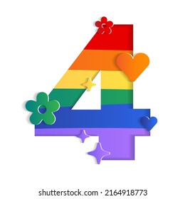4 Característica numérica Carta Resumen Flor blanca animada Corazón espumoso Brillo Mes Orgullo LGBTQIA+ Arcoiris ​ colorido Rojo Naranja Amarillo Verde Violeta 3D Tarjeta de recorte de papel Ilustración