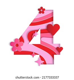 4 Tutorial de San Valentín Numeración de caracteres de San Valentín Abstracto Papel de tipo de letra Flor animado Corazón espumoso Brillo Rojo Pink Geografía Mapa de contorno 3D Tarjeta de recorte de papel Web Banner Vector Ilustración