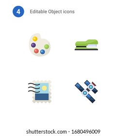 4 object flat icons set isolated on . Icons set with Artists palette, Stapler, Stamps collecting, space station icons.