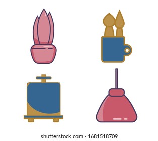 4 object flat icons set isolated on. Icons set with houseplant, tubes of paint, easel, lamp. Cartoon vector illustration