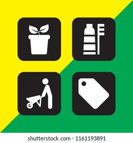4 object icons in vector set. plant, clothes label, toothbrush and wheelbarrow illustration for web and graphic design