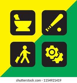 4 objects icons in vector set. traveler with a suitcase, mortar, bolt and baseball bat illustration for web and graphic design
