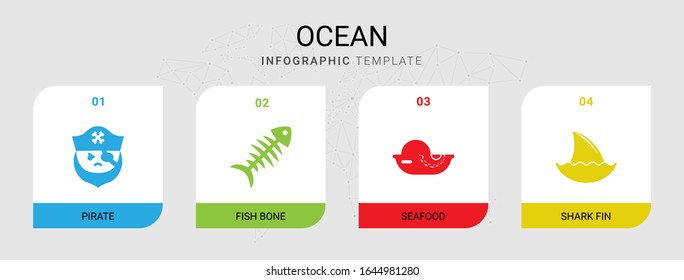 4 ocean filled icons set isolated on infographic template. Icons set with pirate, fish bone, seafood, shark fin icons.