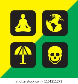4 ocean icons in vector set. calm, earth globe with continents maps, beach and skeleton illustration for web and graphic design