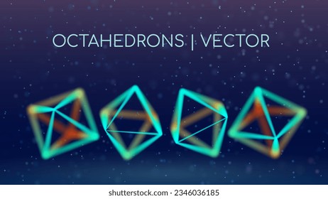 4 octahedrons with edges from different angles of view. Depth of field. Visualization of gems or geometric shapes