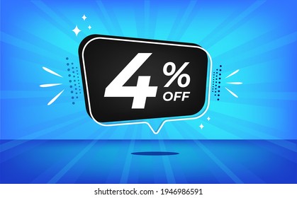 4% off. Blue banner with four percent discount on a black balloon for mega big sales.