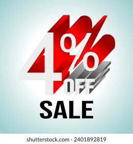4% OFF Promotional Discount Lettering in Gray Colors and Shadow with Red Extrusion Effect with Two Colors on Background